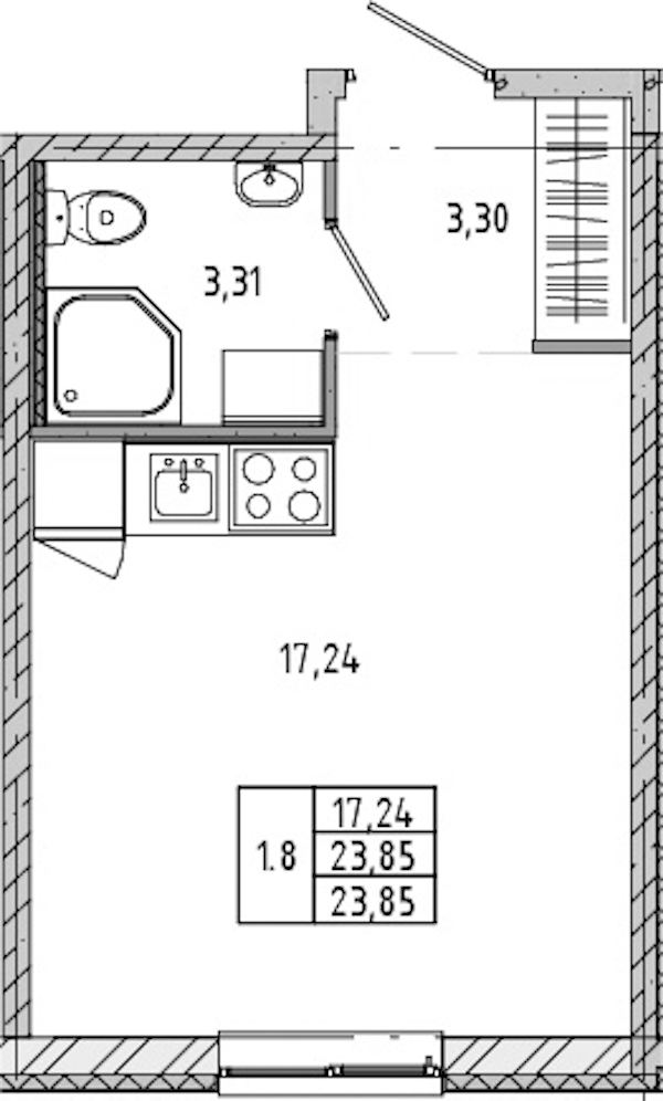 Квартира студия 23.63 м², 1/21 эт., ЖК «Новые горизонты 2»